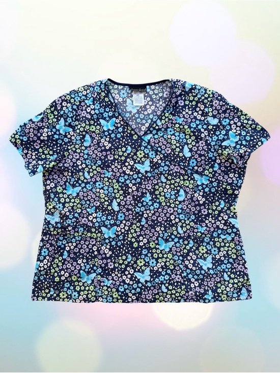 Cherokee Tops - Cherokee Floral Butterfly V-Neck Stretch Scrub Top Medical Uniform ~ Women’s 2X